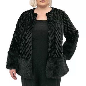 Plus Size Black Nina Leonard Chevron Faux-Fur Coat 22/24W